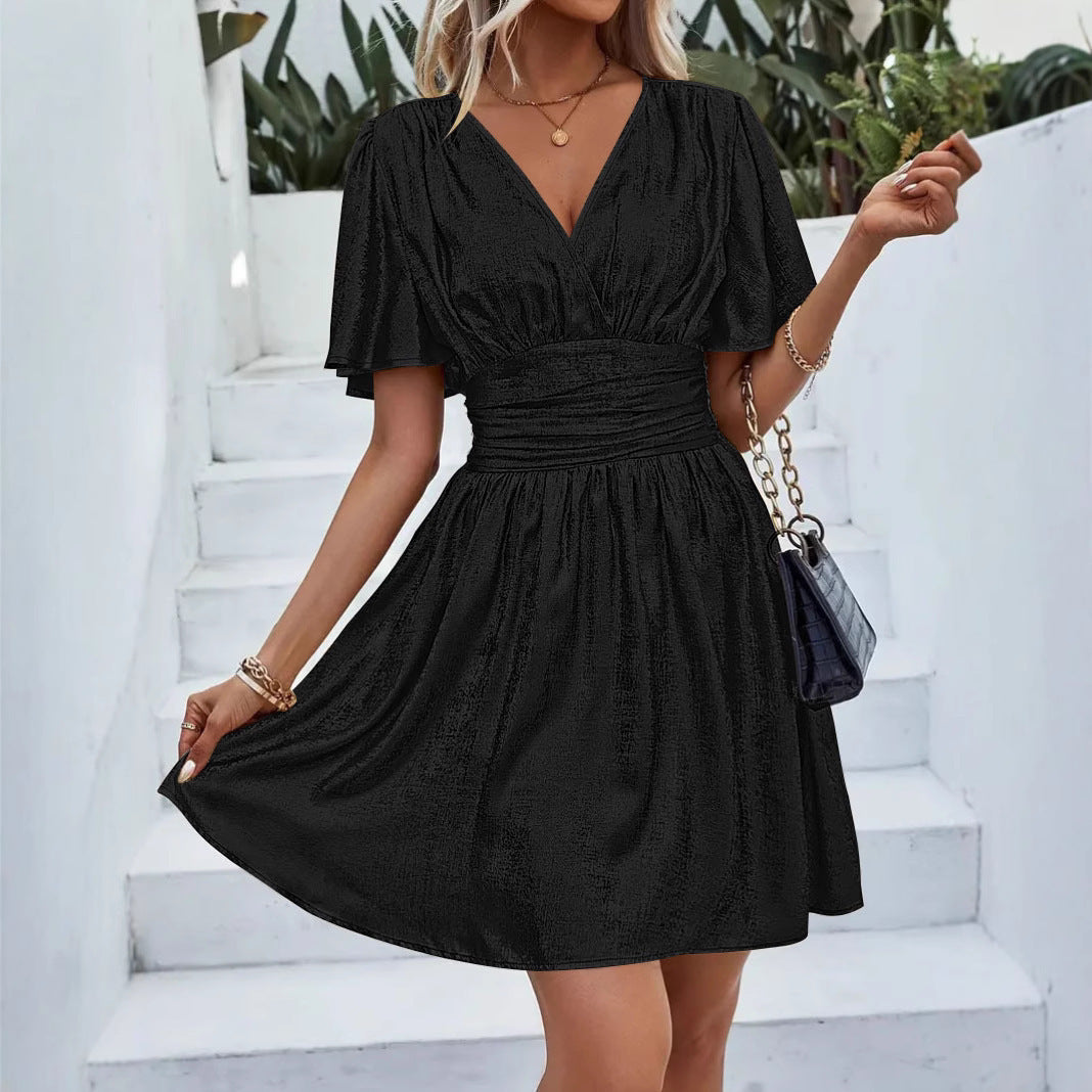 Women’s Wrap Dress – Shimmer Finish – V-Neck – Flutter Sleeves – A-Line Fit