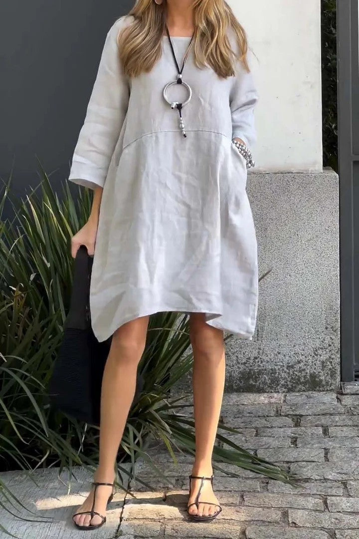 Women’s Dress – Loose Fit – Cotton Linen – Knee Length – 3/4 Sleeve – With Pockets