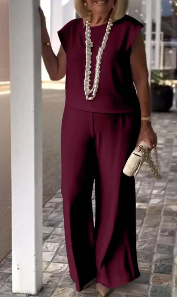 Women’s Two-Piece Set – Sleeveless Top – Wide-Leg Pants – Relaxed Fit – Silk