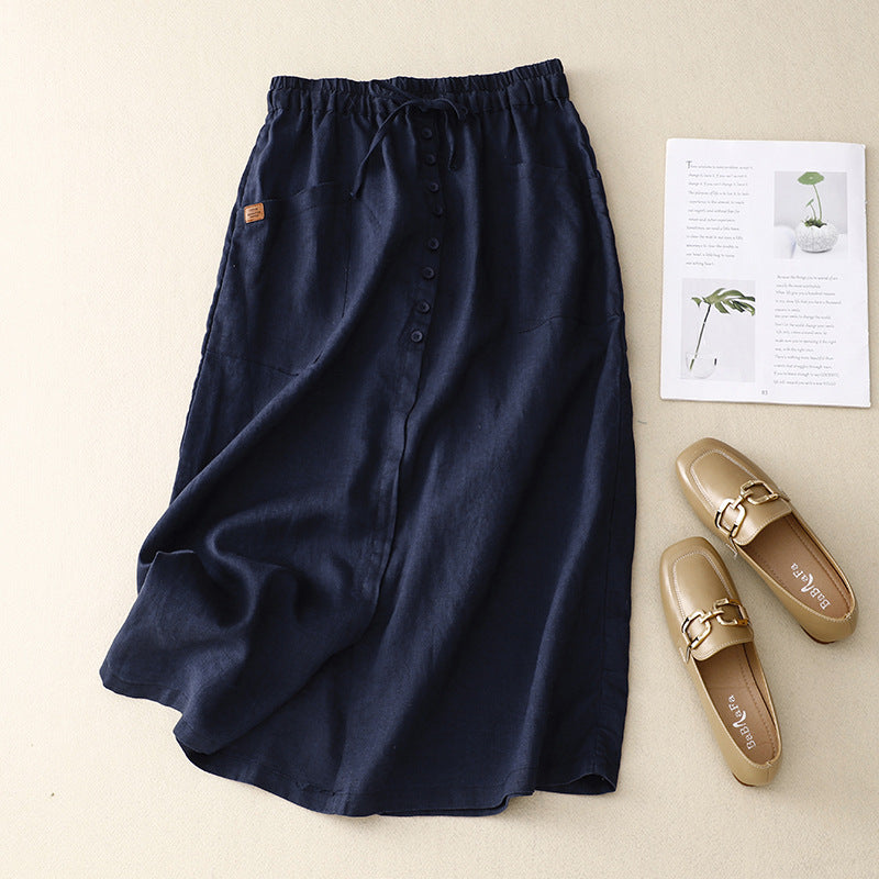 Women’s Mid-Length Skirt – A-Line Fit – Natural Fibers – Drawstring Waist – Front Pockets