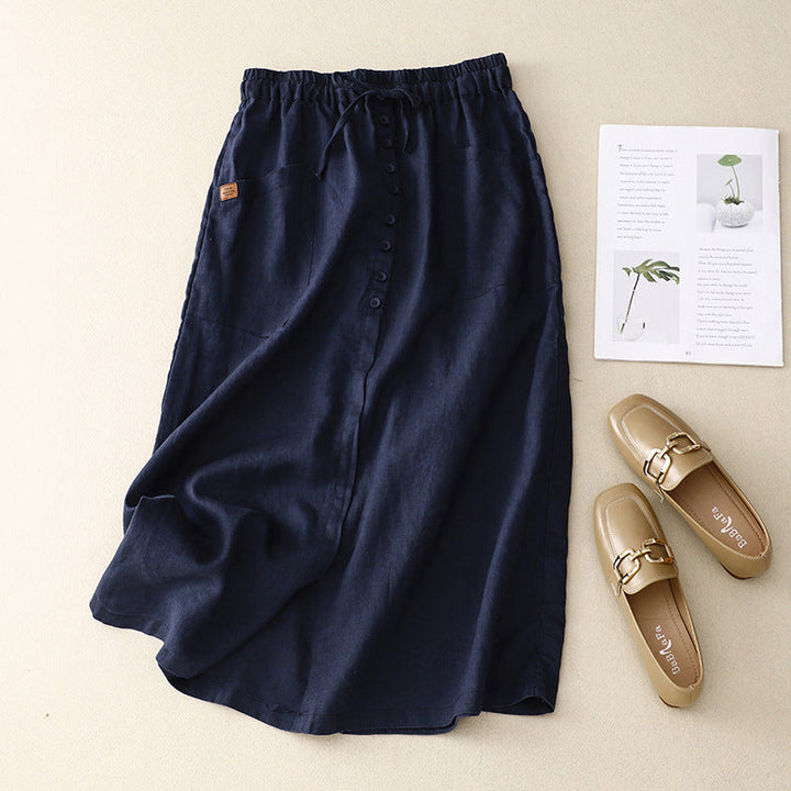 Women’s Mid-Length Skirt – A-Line Fit – Natural Fibers – Drawstring Waist – Front Pockets