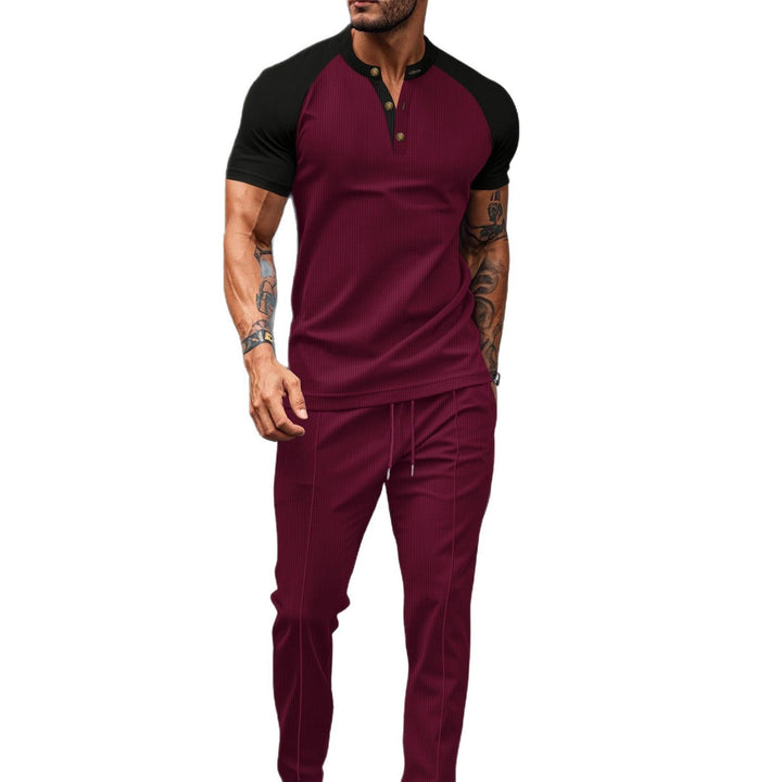 Men’s Two-Piece Set - Short-Sleeve Shirt - Athletic Fit - Stretch Fabric - Stand Collar Casual Style