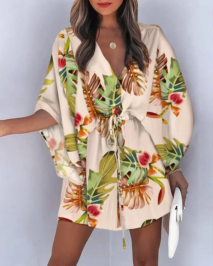 Women’s Mini Dress – Flowy Fit – V-Neck – Lace-Up Waist – Flutter Sleeve – Button Front
