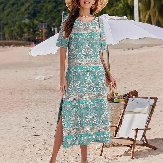 Women’s Maxi Dress – Relaxed Fit – Floral Print – Side Slits – Breathable Blend