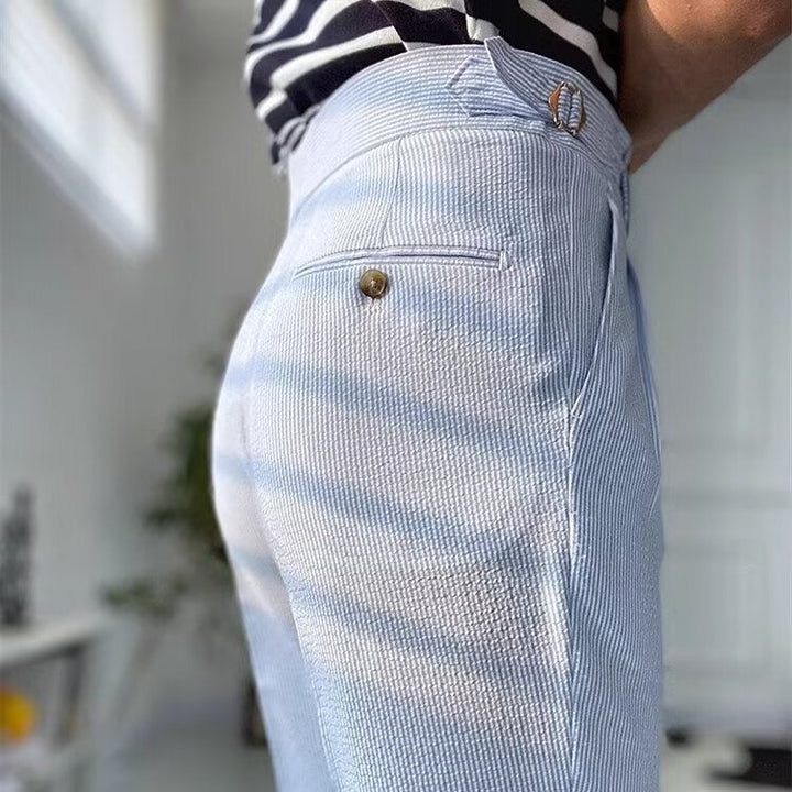 Men’s Straight-Leg Trousers - High Waist - Pleated Front - Breathable Textured Fabric