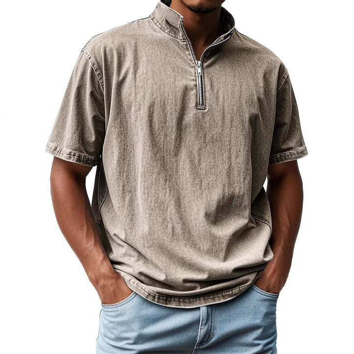 Men’s Short Sleeve Shirt - Fitted Retro Style - Zip Front - Stand Collar - Breathable Blend