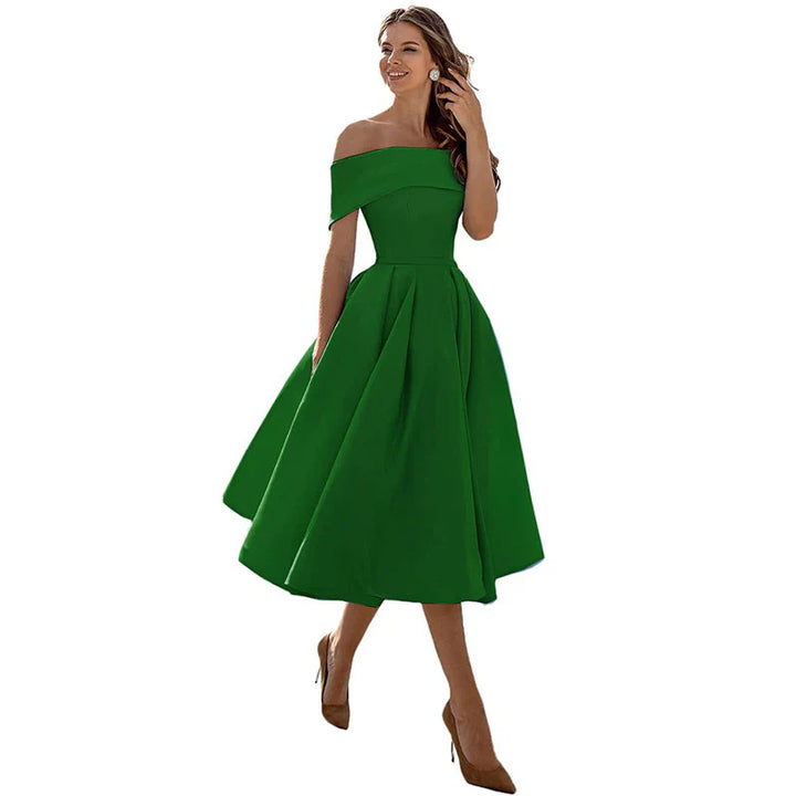 Women's Off-the-Shoulder Midi Dress - Fitted Bodice - Pleated Flared Skirt - Elegant Formal Wear