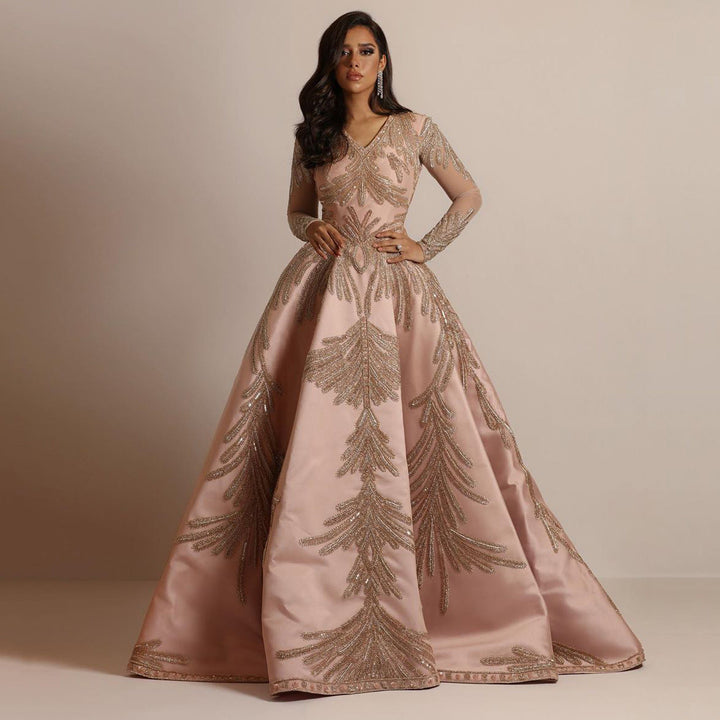 Women’s Evening Gown – Fitted Bodice – Full Skirt – Sequin Embellished – Deep V-Neck – Long Sleeve