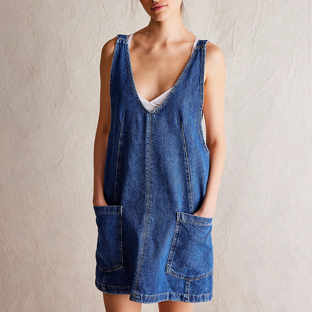 Women’s Mini Dress – Natural Fibers – Relaxed Fit – Deep V-Neck – Sleeveless with Pockets