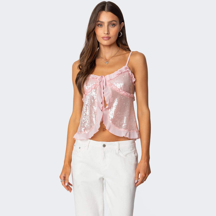 Women’s Camisole Top – Sequin Embellished – Ruffle Trim – Bow Detail – Cropped Loose Fit