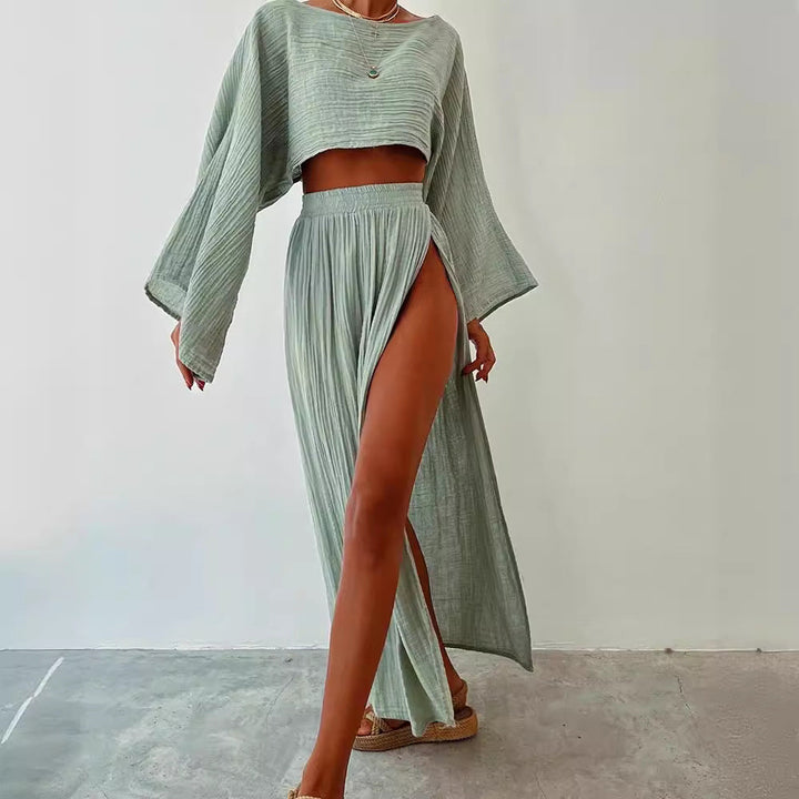 Women’s Two-Piece Set – Cotton Blend – Boat Neck Crop Top – High Slit Maxi Skirt