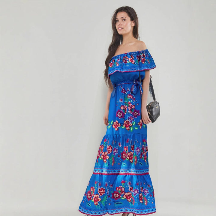 Women’s Maxi Dress – Off-Shoulder – Floral Embroidery – Ruffled Detail – Flowy Fit