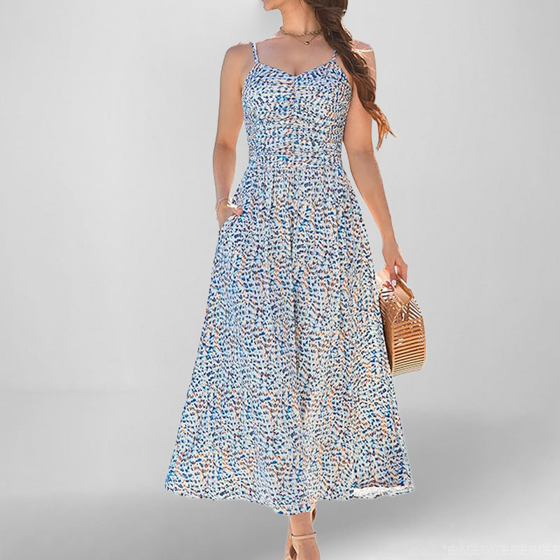 Women’s Maxi Dress – Ruched Bodice – Spaghetti Straps – Sleeveless A-Line – With Pockets