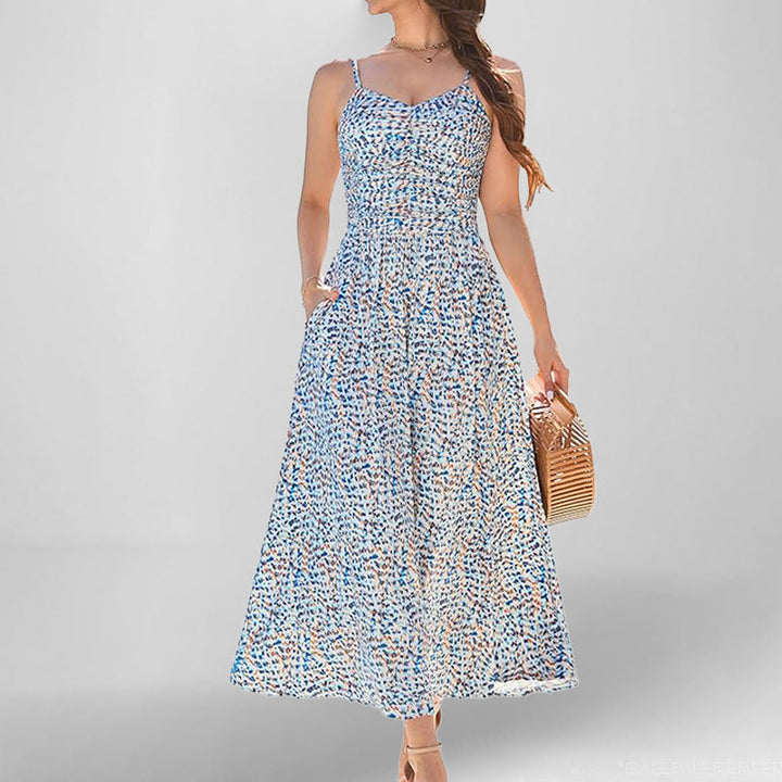 Women’s Maxi Dress – Ruched Bodice – Spaghetti Straps – Sleeveless A-Line – With Pockets