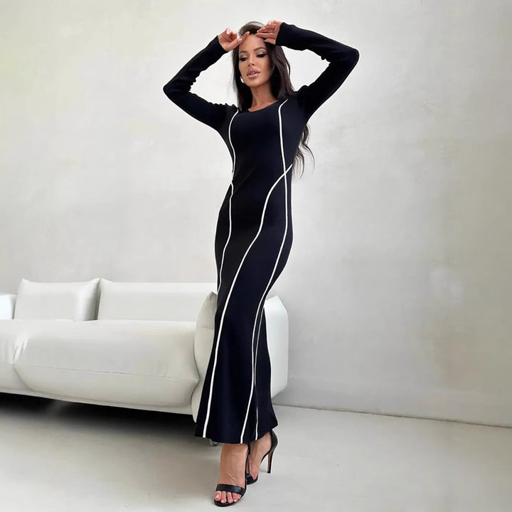 Women’s Long Sleeve Dress - Floor Length - Slim Fit - Scoop Neck - Contrast Piping
