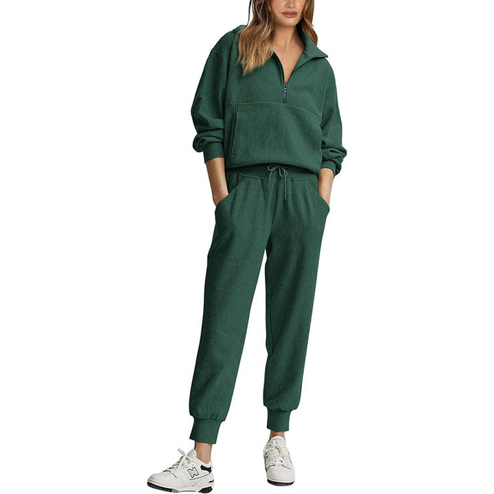 Women’s Tracksuit Set – Ribbed Fabric – Relaxed Fit – Half Zip Pullover – Drawstring Waist