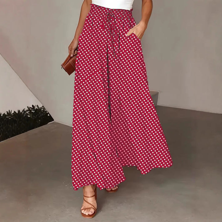Women’s Wide-Leg Pants – Flowy Fit – Polka Dot Print – Drawstring Waist – Breathable Blend