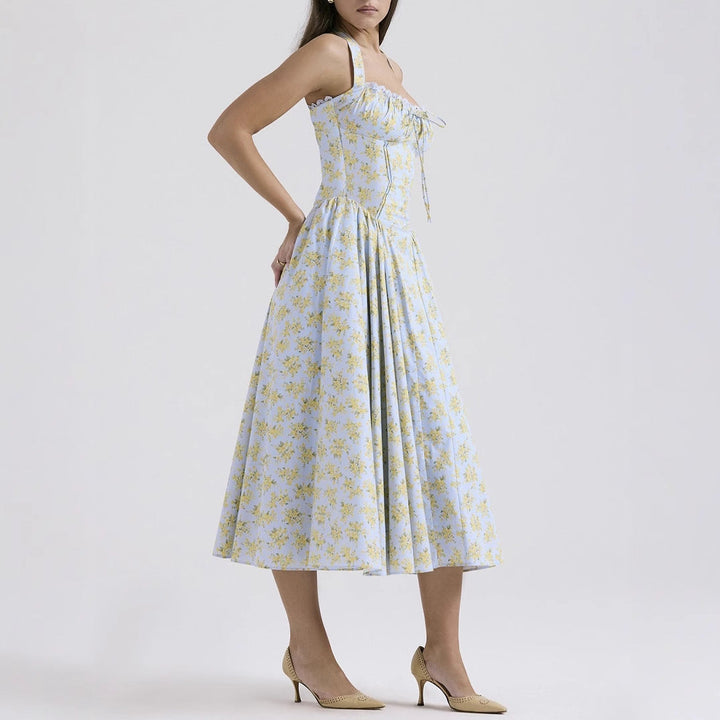 Women’s Halter Neck Dress – Satin Feel – Fitted Bodice – Gathered Bust – Midi A-Line Skirt