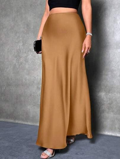 Women’s Maxi Skirt - Slim Fit - Flared Hem - Satin Finish - Minimal Elegant Style