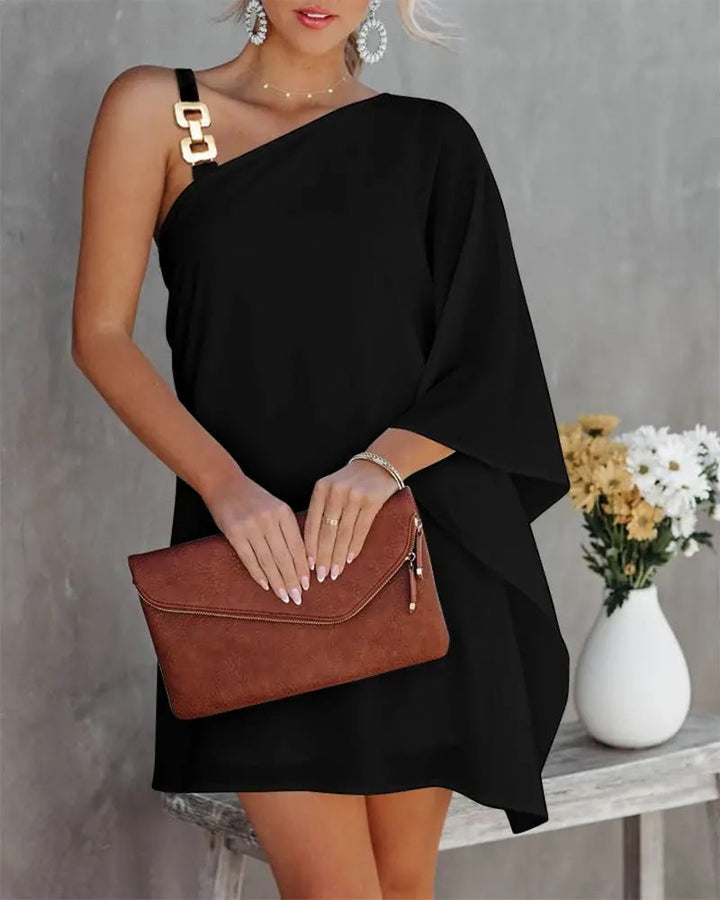 Women’s Off-Shoulder Dress – Relaxed Fit – Bat Sleeve – Metal Strap Accent – Knee Length