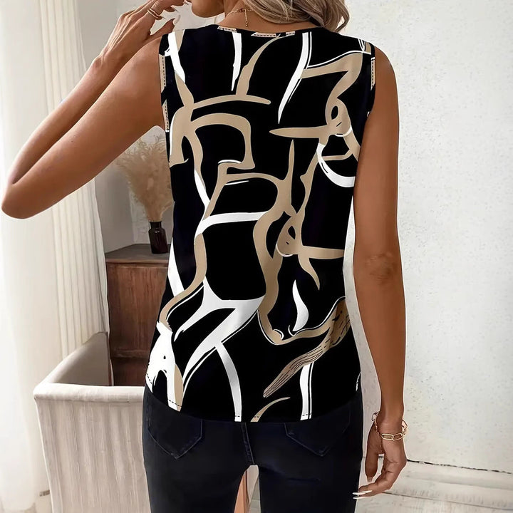 Women’s Sleeveless Blouse – V-Neck – Relaxed Fit – Abstract Print – Lightweight Fabric