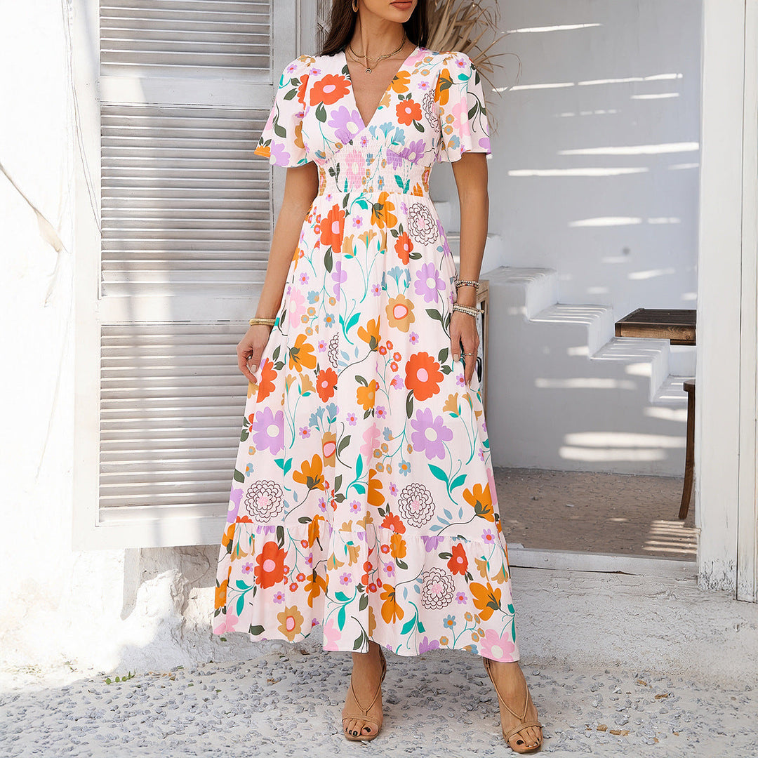 Women’s Maxi Dress – Lightweight Cotton – Flutter Sleeve – V-Neck – Relaxed Fit – Cinched Waist
