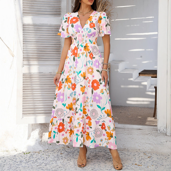 Women’s Maxi Dress – Lightweight Cotton – Flutter Sleeve – V-Neck – Relaxed Fit – Cinched Waist