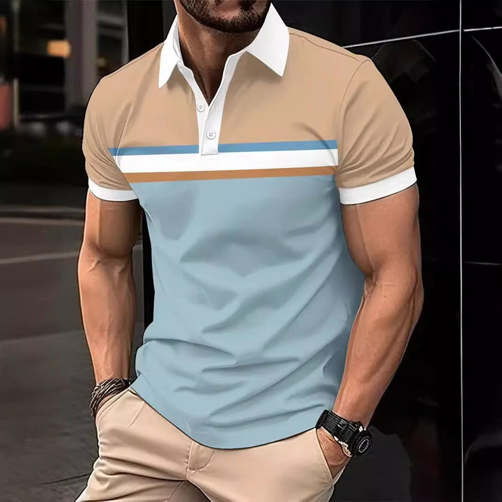 Men’s Polo Shirt - Slim Fit Cotton - Striped Chest - Short Sleeve - Contrast Collar