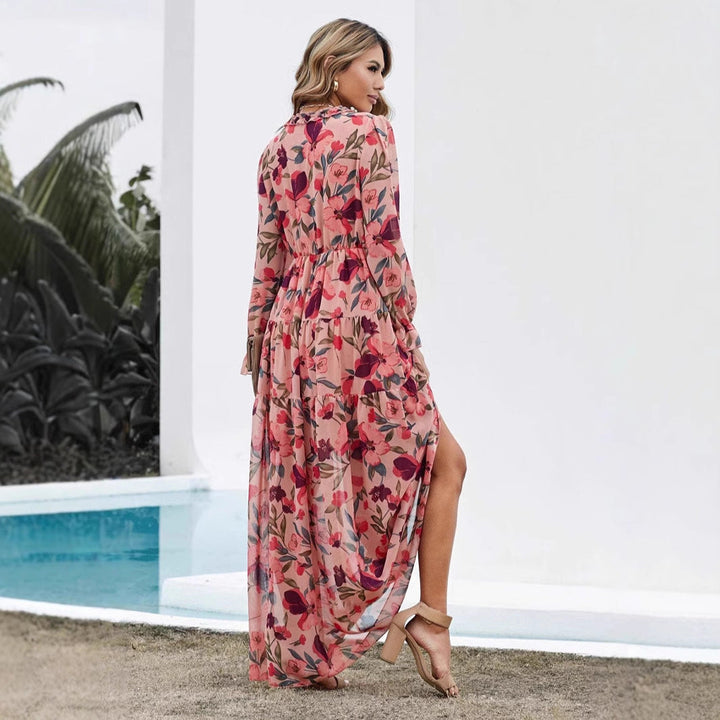 Women’s Maxi Dress – Lightweight Fabric – V-Neck Ruffle Detail – Long Sleeve – Floral Print