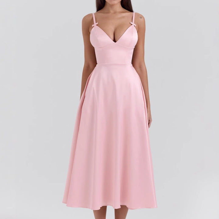 Women’s Dress – Fitted Bodice – Deep V-Neck – Spaghetti Straps – A-Line Midi Skirt