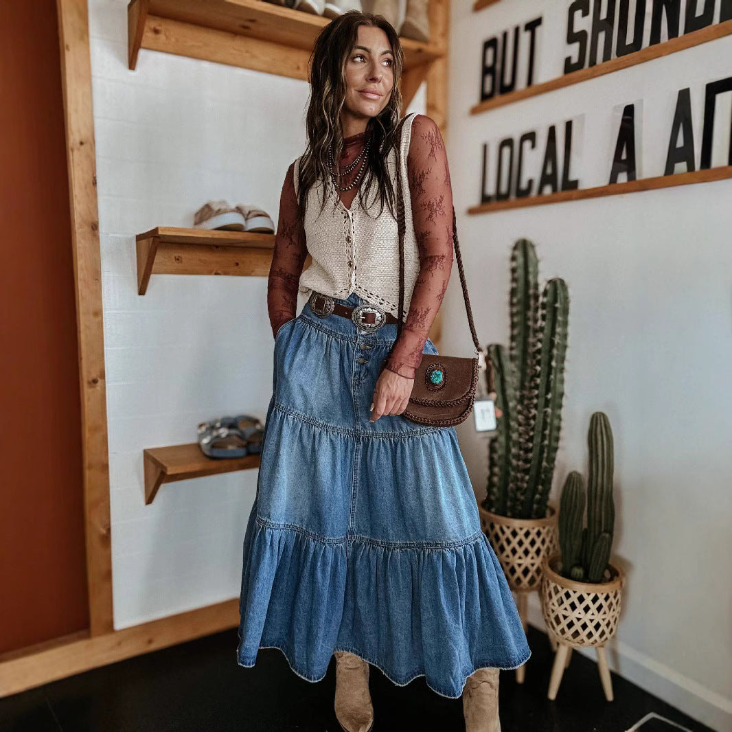 Women’s Denim Skirt - A-Line Fit - Tiered Design - Button Front - Casual Style