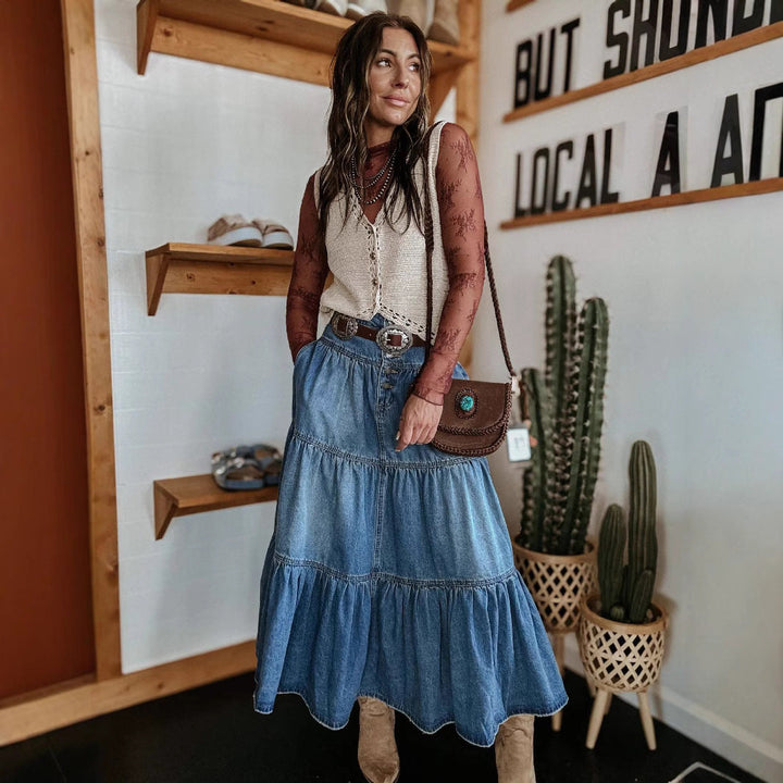 Women’s Denim Skirt - A-Line Fit - Tiered Design - Button Front - Casual Style