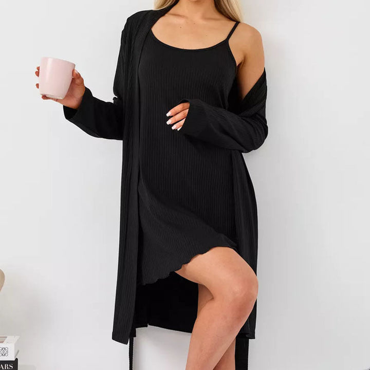 Women’s Loungewear Set – Soft Ribbed Knit – Slim Fit Sleep Dress & Relaxed Robe