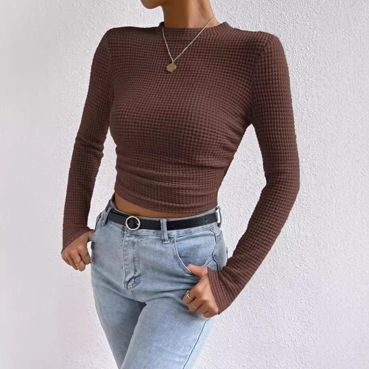 Women’s Long Sleeve Crop Top – Slim Fit – Soft Waffle Knit – Ruched Front Detail