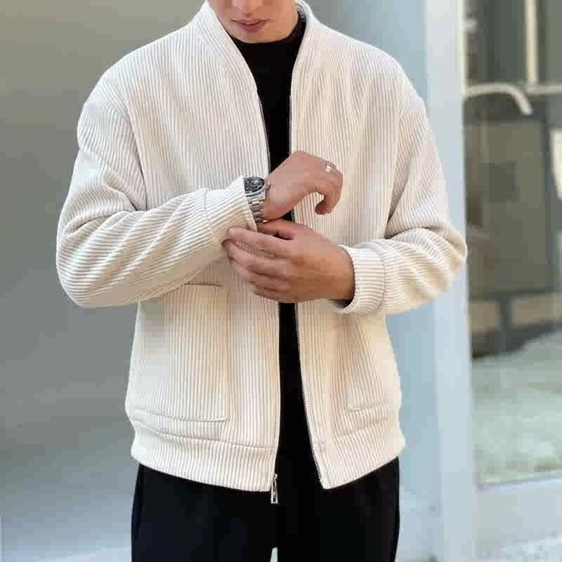 Men’s Corduroy Jacket - Relaxed Fit - V-Neck Zip Front - Ribbed Texture Casual Outerwear
