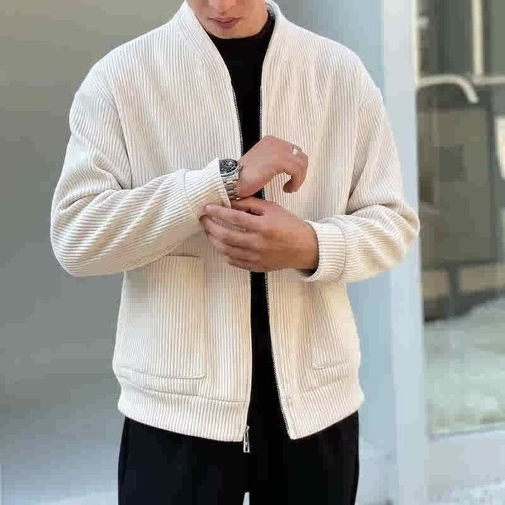 Men’s Corduroy Jacket - Relaxed Fit - V-Neck Zip Front - Ribbed Texture Casual Outerwear
