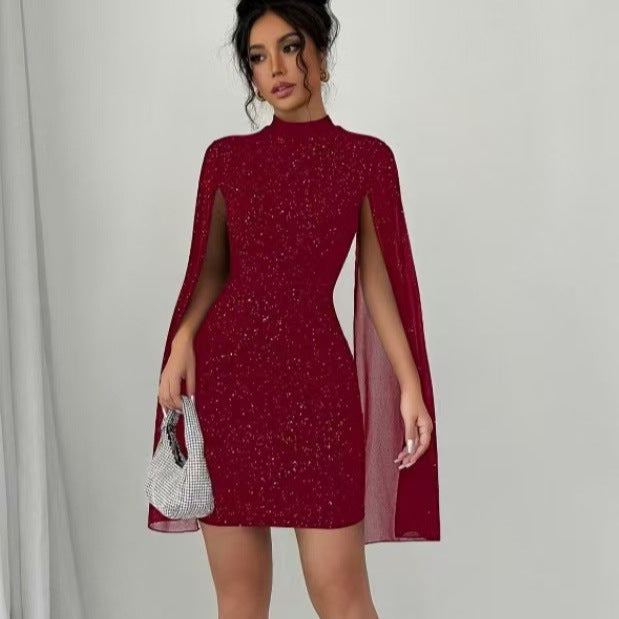 Women’s Mini Dress – Slim Fit – Cape Sleeves – High Neck – Elegant Evening Wear