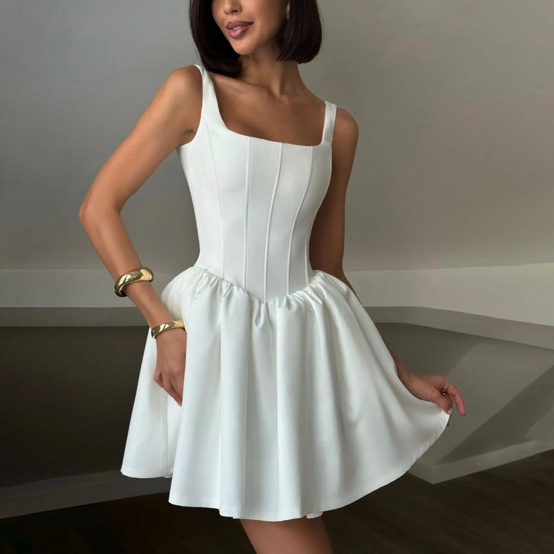 Women’s Dress – Structured Bodice – Fitted Waist – Sleeveless – Square Neckline