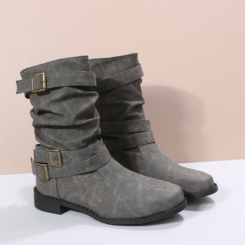 Women’s Mid-Calf Boots – Faux Leather – Buckle Straps – Slouch Fit – Casual Everyday Wear