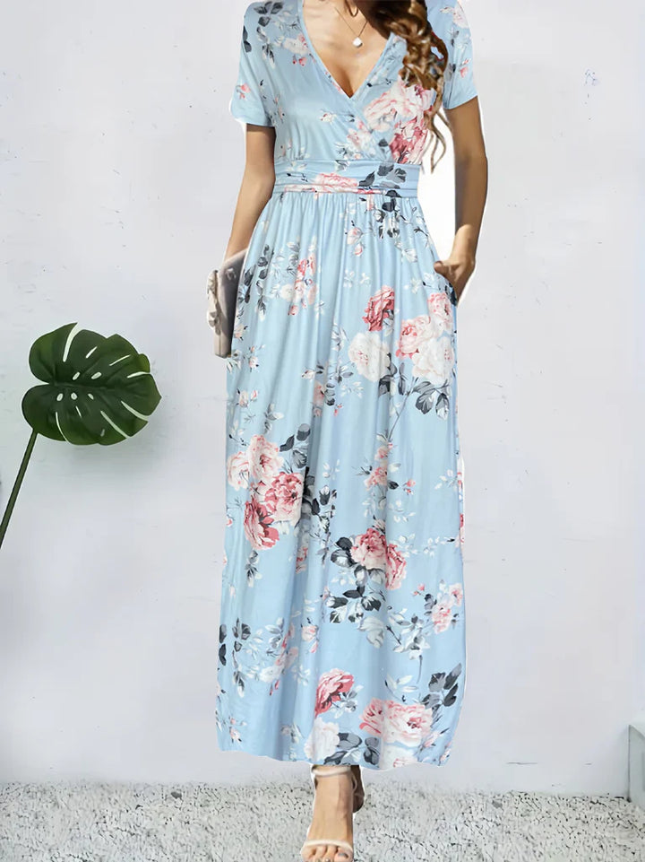 Women’s Wrap Maxi Dress - A-Line Fit - Short Sleeve - Floral Design