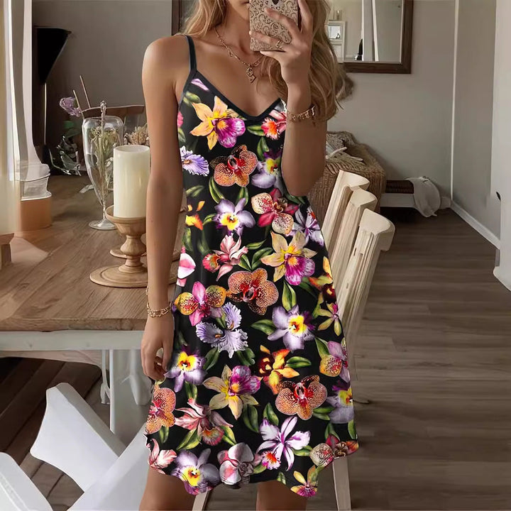 Women’s Mini Dress – A-Line Fit – V-Neck – Spaghetti Straps – Breathable Blend