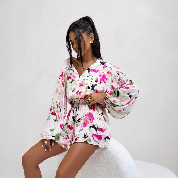 Women’s V-Neck Romper – Relaxed Fit – Long Sleeve – Abstract Print – Cinched Waist