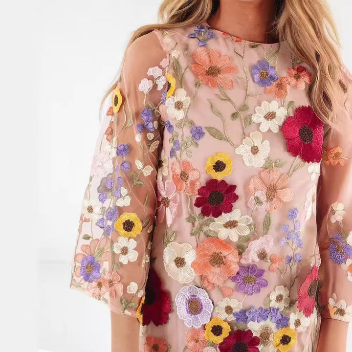 Women’s Mini Dress – Sheer Luxury Fabric – Floral Embroidery – 3/4 Sleeve – Relaxed Fit