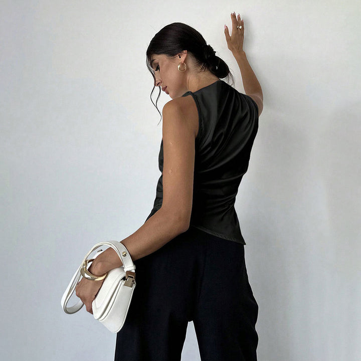 Women’s Sleeveless Blouse - Slim Fit - High Neck - Draped Front - Luxury Fabric