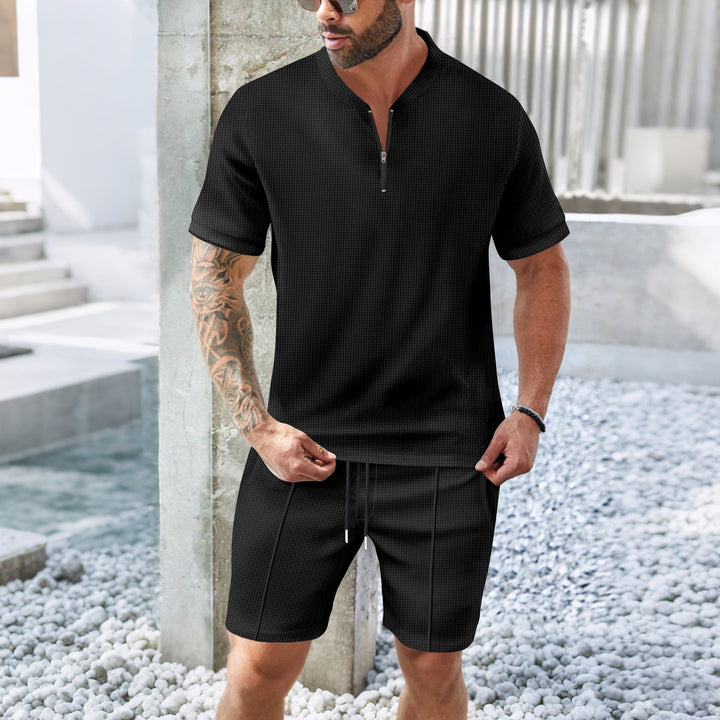 Men’s Sport Set – Relaxed Fit – Short Sleeve Zip Top – Drawstring Shorts