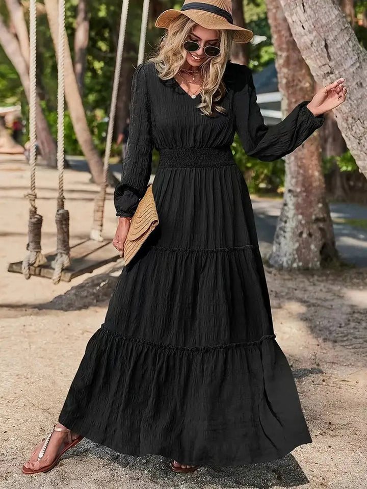 Women’s Maxi Dress – V-Neck – Smocked Waist – Tiered Skirt – Long Sleeve – Breathable Blend