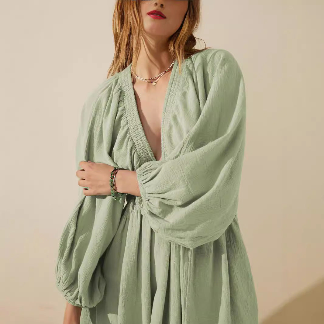 Women’s Mini Dress – Deep V-Neck – Bishop Sleeves – Ruched Waist – A-Line Fit