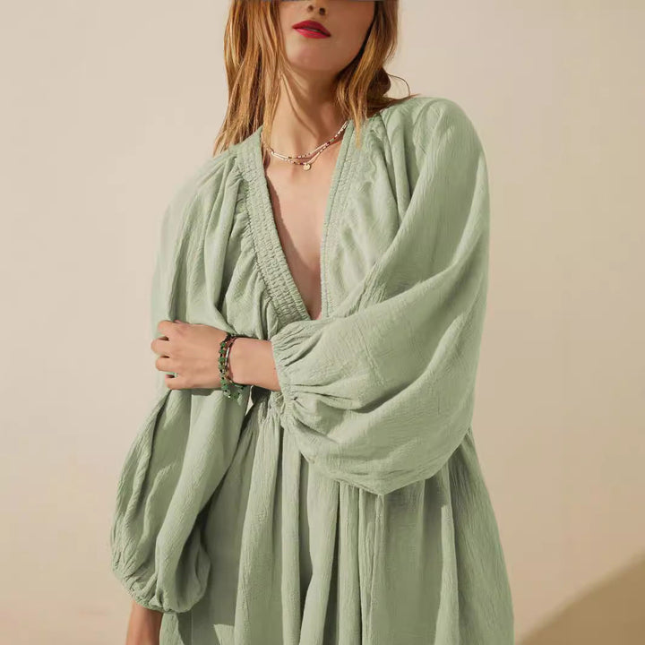 Women’s Mini Dress – Deep V-Neck – Bishop Sleeves – Ruched Waist – A-Line Fit