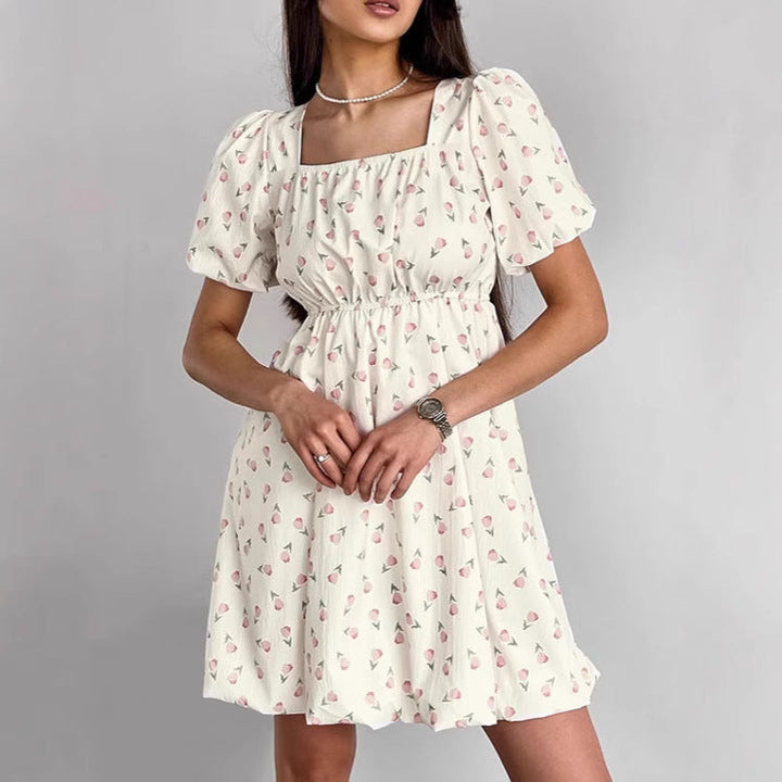 Women’s A-Line Dress – Square Neck – Puff Sleeve – Fitted Waist – Subtle Print