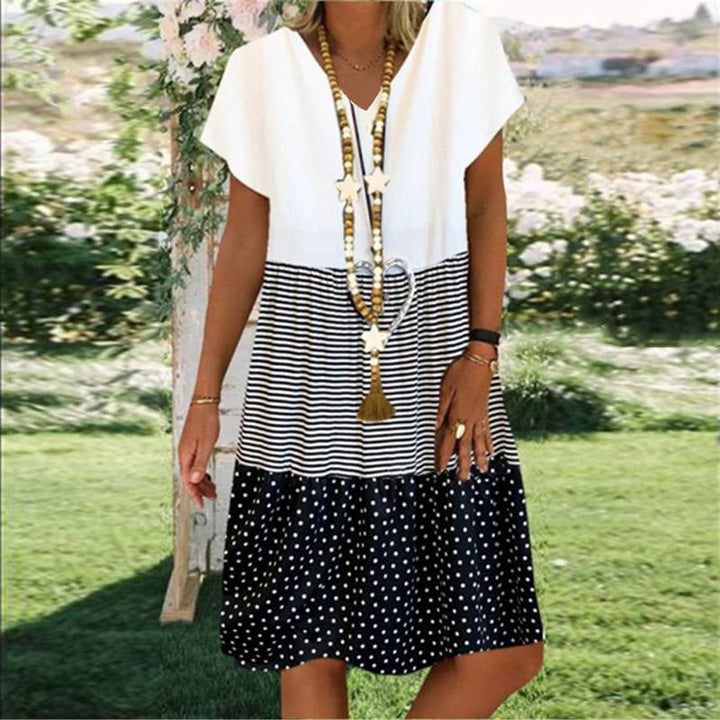 Women’s Midi Dress – V-Neck – Short Sleeve – Relaxed Fit – Layered Boho Style – Breathable Blend